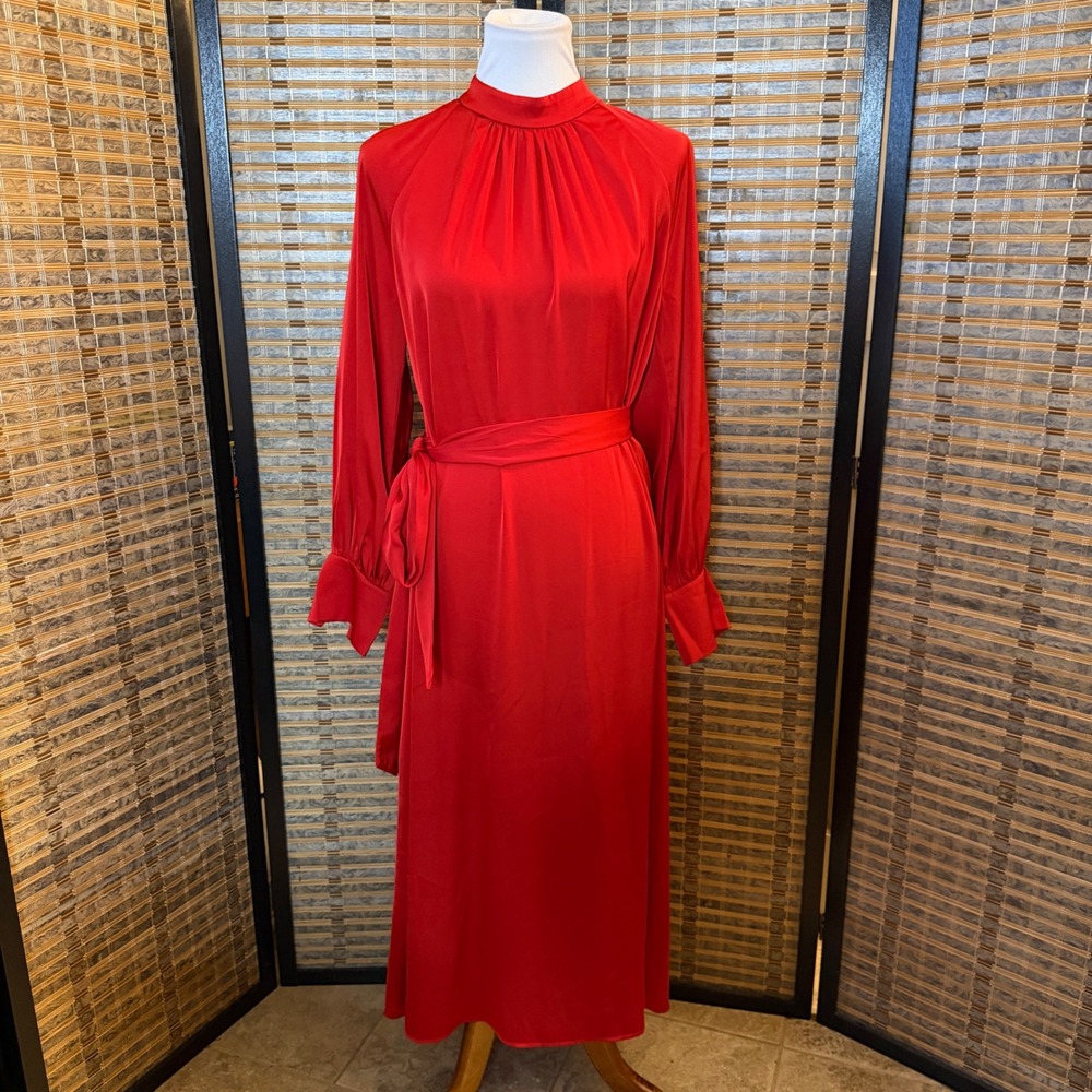 H&M Midi Dress Women Small Red Mock Neck Satin Long Sleeve Tie Waist 1105858-6